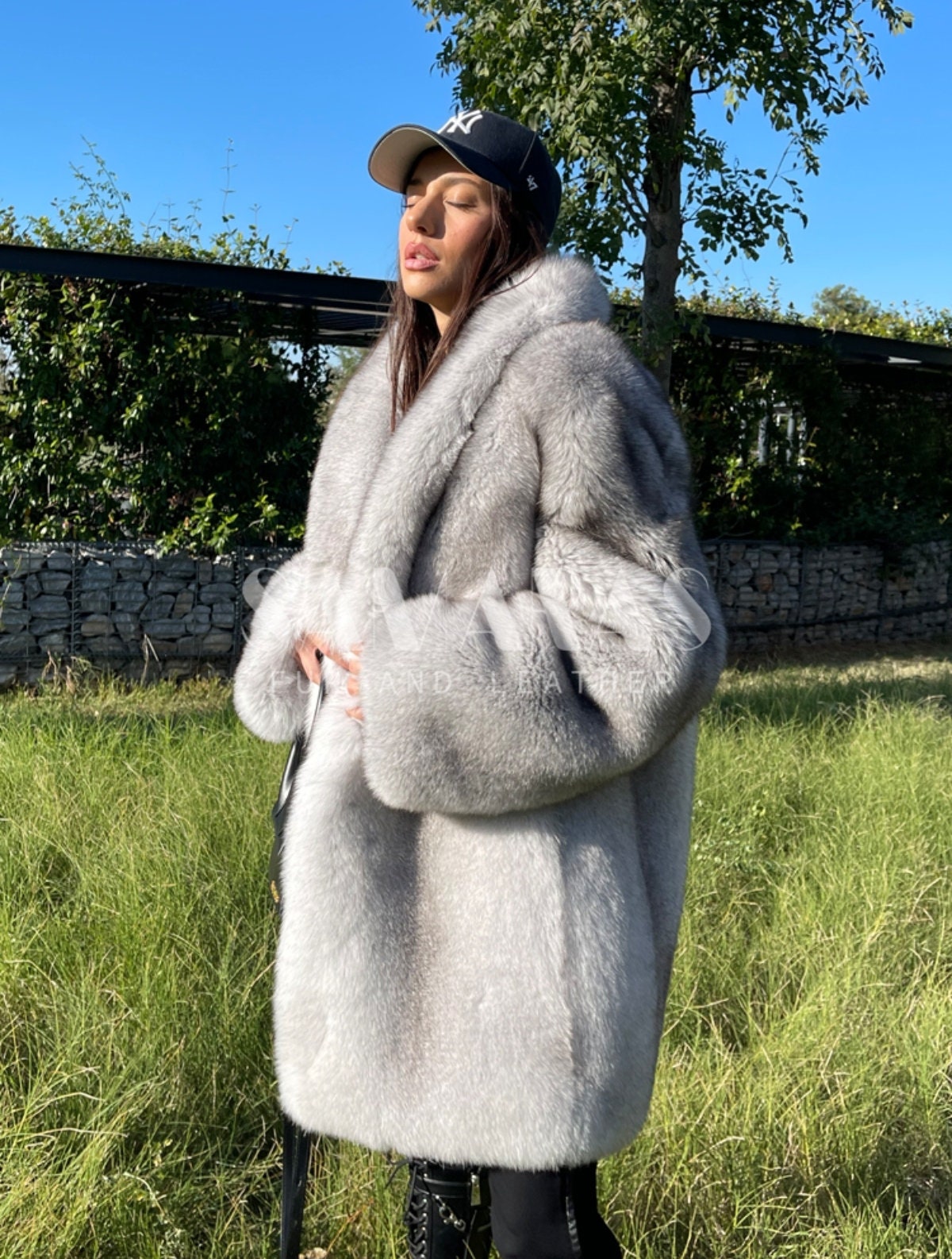 Full length blue fox fur cheap coat