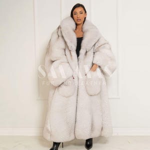 Scandinavian Blue Fox Long Coat With Lavish Double Sided Notched Collar