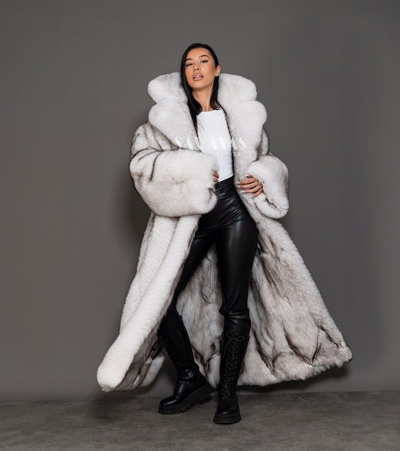 Luxury Double Sided Full Length Saga Blue Fox Fur Coat With Huge