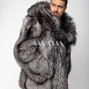 Luxury Mens Scandinavian Silver Fox Fur Jacket With Lavish Fur Hood