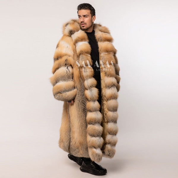 Luxury Mens Golden Island full length coat 54 inches With Lavish Hood,luxury fur coat,golden Island fox,Real fur coat,anniversary gift