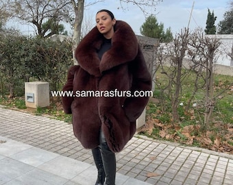 超豪華なブラウンフォックスファージャケット、大きな襟付き