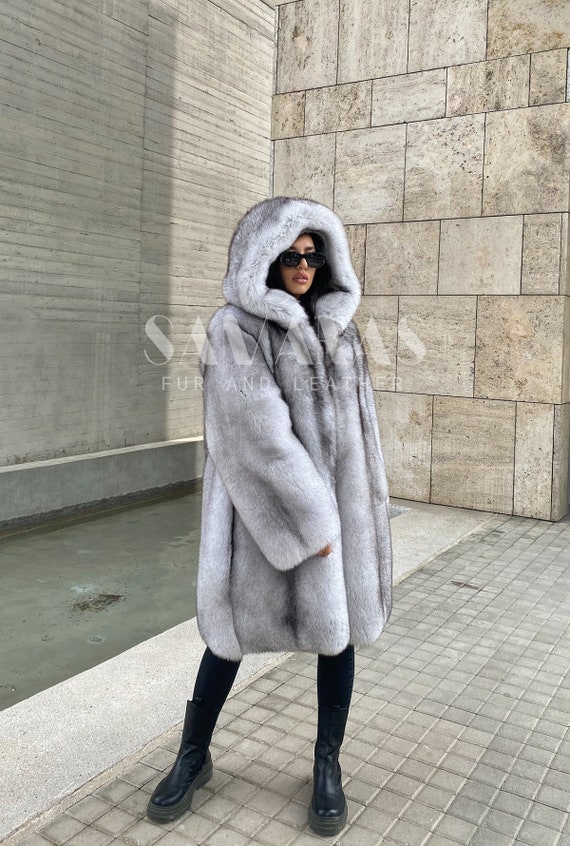 Luxury Full Skin Silver Fox Fur Mens Coat Real Fur Jacket Skin