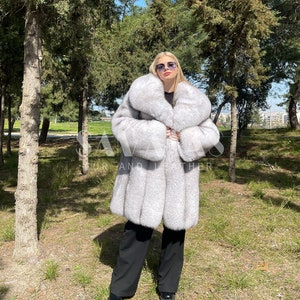Luxury Blue Fox Jacket with huge lavish collar,jacket with Whole skins,fur jacket set with fox hat,real fox fur jacket, gift,Tailor made