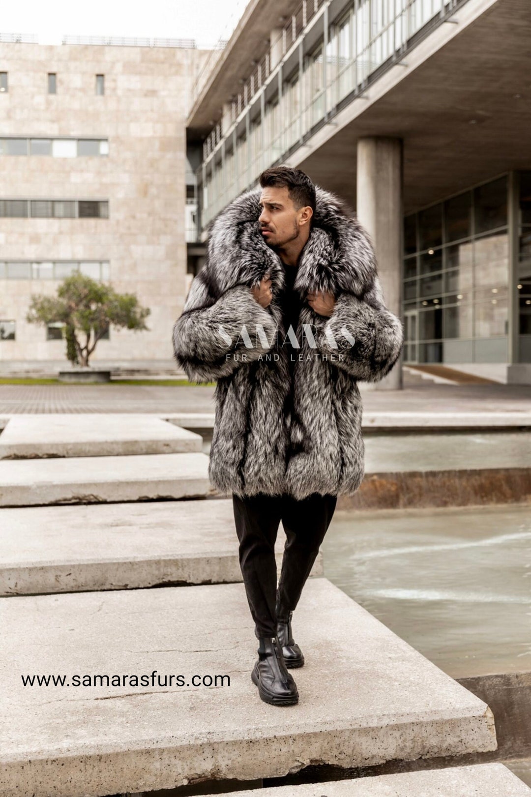 Luxury Mens Scandinavian Silver Fox Jacket With Lavish Huge Collar