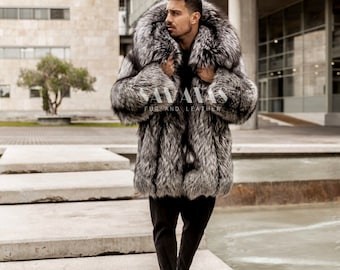 Luxury Mens Scandinavian Silver Fox Jacket With Lavish Huge Collar,luxury fur jacket,silver fox, fur parka,Real fur jacket,anniversary gift