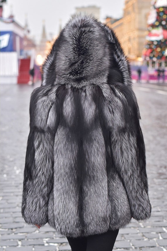 Luxury Full Skin Silver Fox Fur Mens Coat Real Fur Jacket Skin