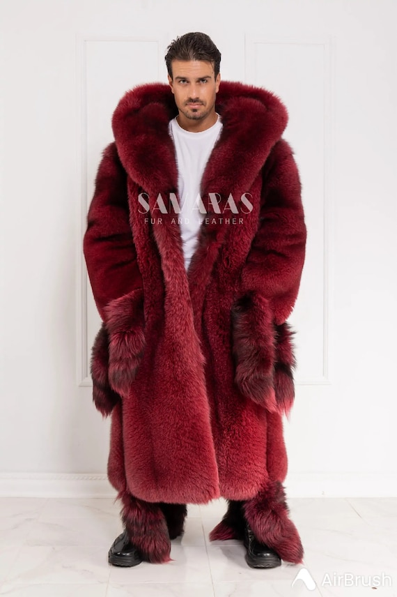 未使用【98.5万】ヌートリア レッド ファーコート リアルファー XL相当 Luxury Men's Scandinavian Oversized Cherry Red Fox Fur Coat Full