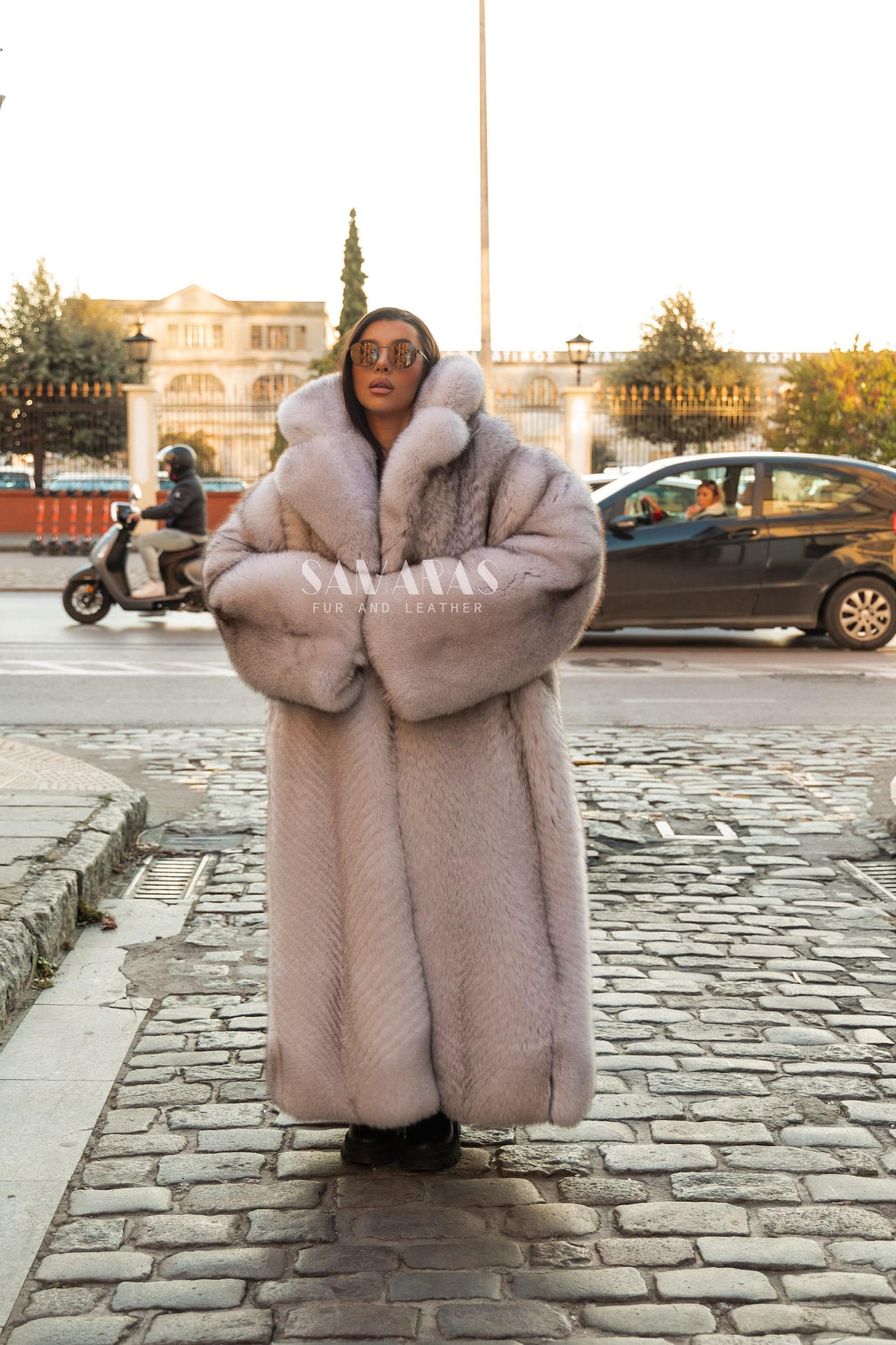 Luxury Double Sided Full Length Saga Blue Fox Fur Coat With Huge