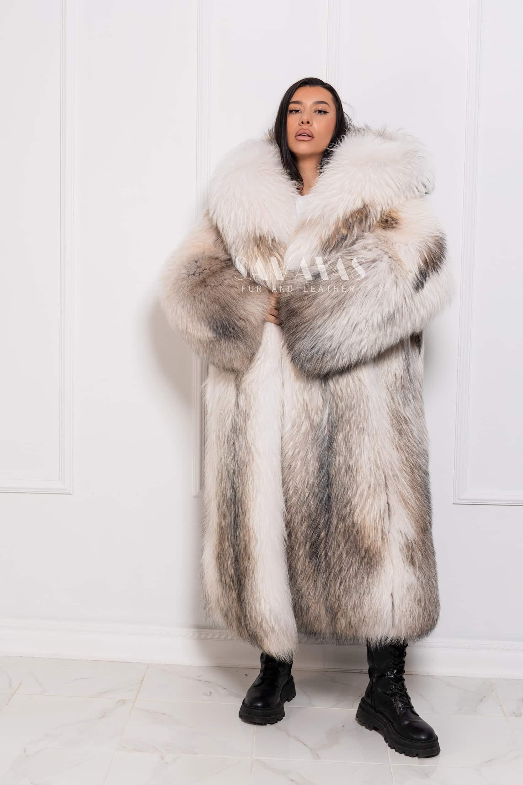 Luxury Rare Artic Cross Marble Finn Raccoon Long Coat, Soft Whole