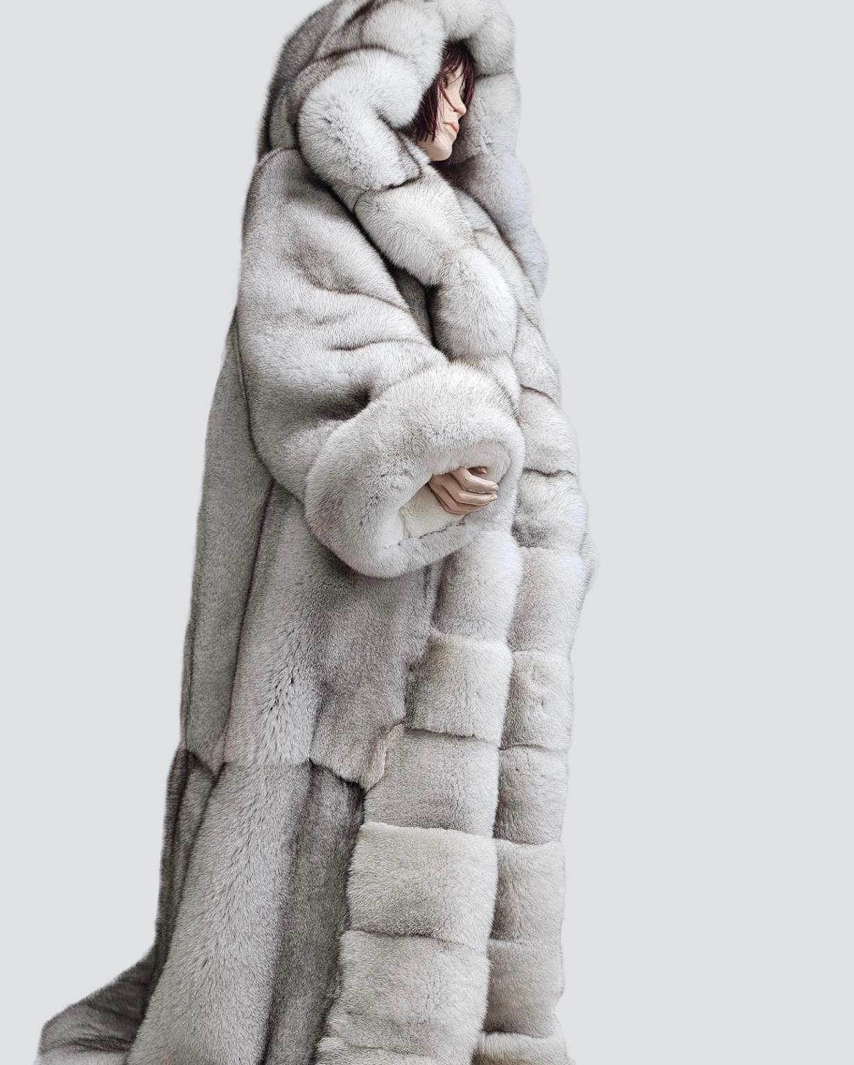 Luxury Blue Fox Fur Coat, White Rex Fur Lined, Huge Hood - Etsy