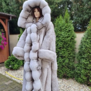 Long manteau scandinave recto-verso en renard bleu avec ceinture en fourrure, manteau de fourrure avec peaux entières, fourrure double face, manteau de fourrure de luxe, cadeau, personnalisable