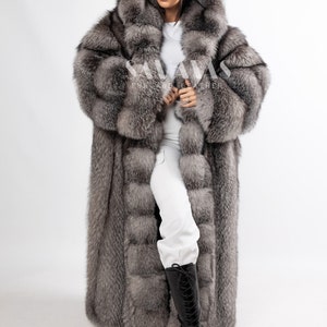 Luxury Saga blue frost fox full length coat 54 inches With Lavish Hood,luxury fur coat,golden Island fox,Real fur coat,anniversary gift