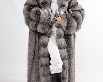 Luxury Saga Blue Frost Fox Full Length Coat 54 Inches With