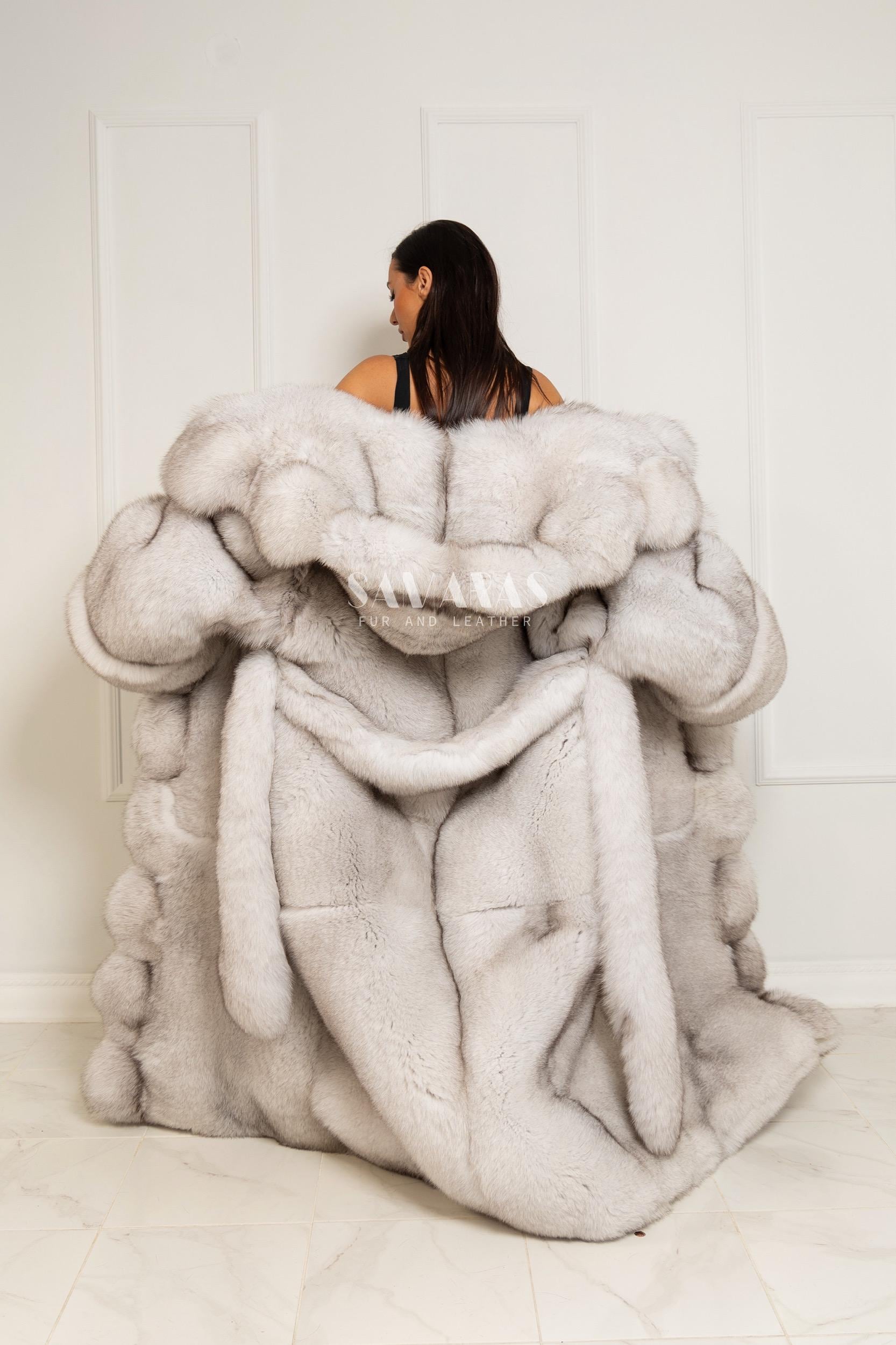 高級両面フルレングスブルーフォックスコート、ファーベルト付き