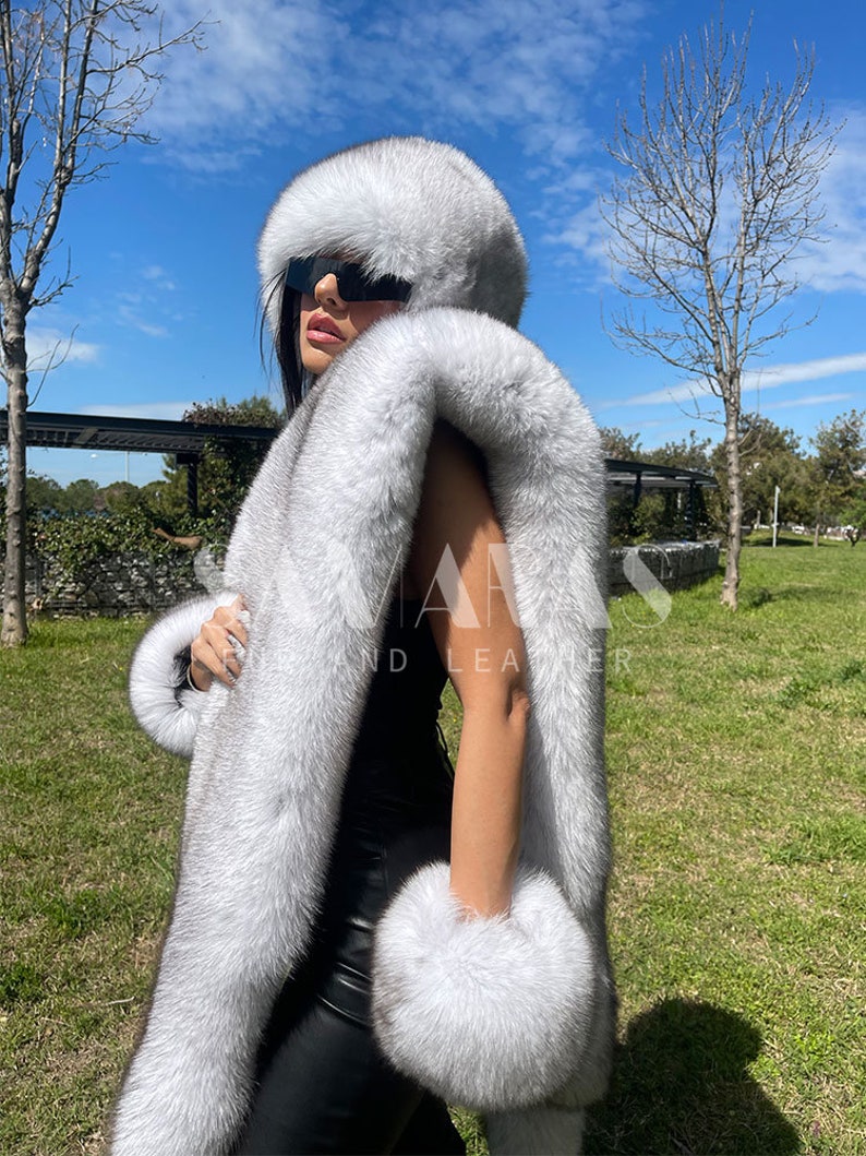 LUXURY FOX Fur BOA Set with fox hat and fox fur cuffs,full skin fox scarf with tails,fox hat,fox cape,fur cuff,hat,fur accessories,gift image 6