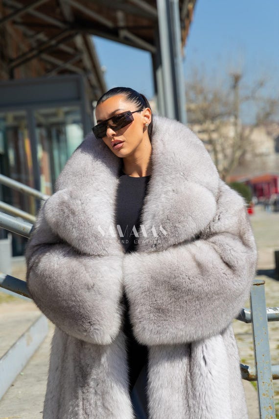 Luxury Rare Scandinavian Sapphire Blue Fox Full Length Fur Coat