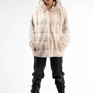 Pearl Mink Fur Short Jacket With Hood Made of 100% Real Fur
