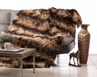 Real FINRACOON fur blanket cappuccino color, fur warmer, fur comforter, fur throw, elegant rug