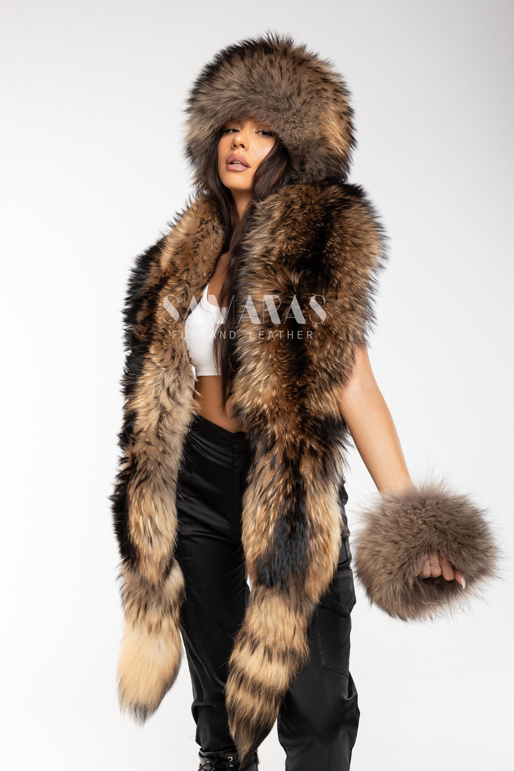 Luxury Finnraccoon Fur Boa Set | Fox Hat & Fox Fur Cuffs fur cape,fur Cape,fur accessories,fur collar,cosplay, gift