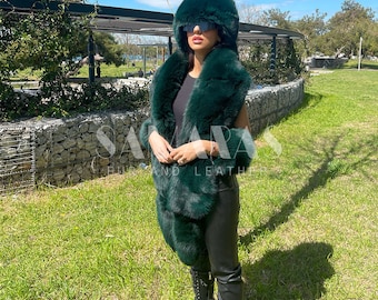 LUXURY FOX Fur BOA Set with fox hat and fox fur cuffs,Green full skin fox scarf with tails,fox hat,fox cape,fur cuffs,fur accessories,gift