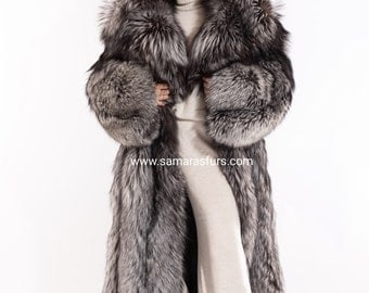 LUXURY SILVER FOX Fur Full Lenght Coat With Whole Skinsand