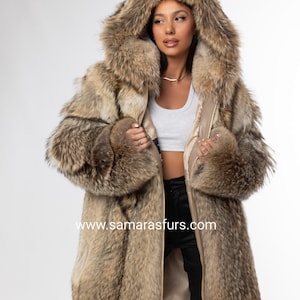 Full skin Montana Coyote unisex fur Jacket/coat with double fur hood,fur Coat,luxury fur jacket,Coyote fur,Real fur jacket,anniversary gift