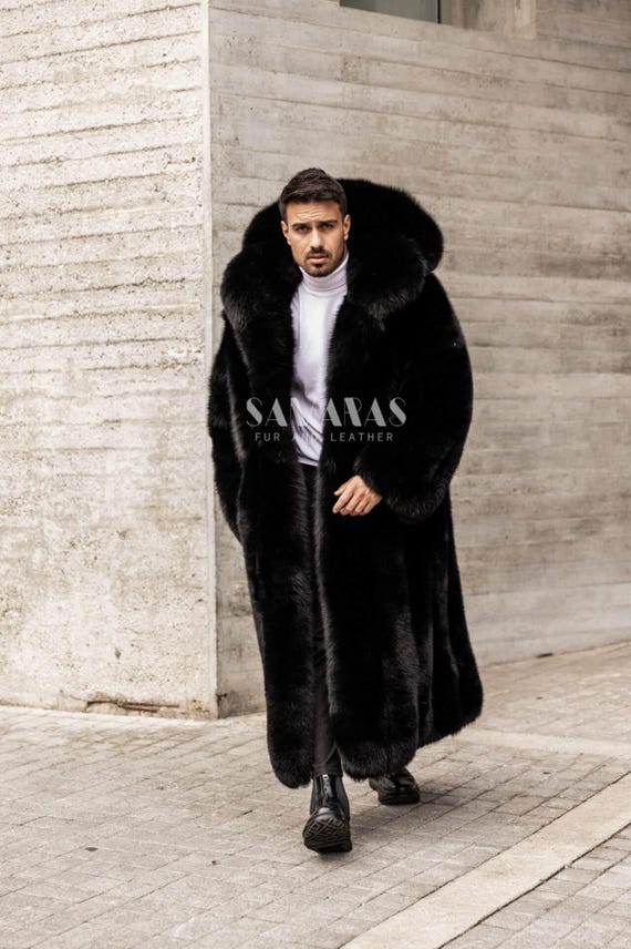 メンズ ブラック フォックスファーコート フルレングス 両面ファー