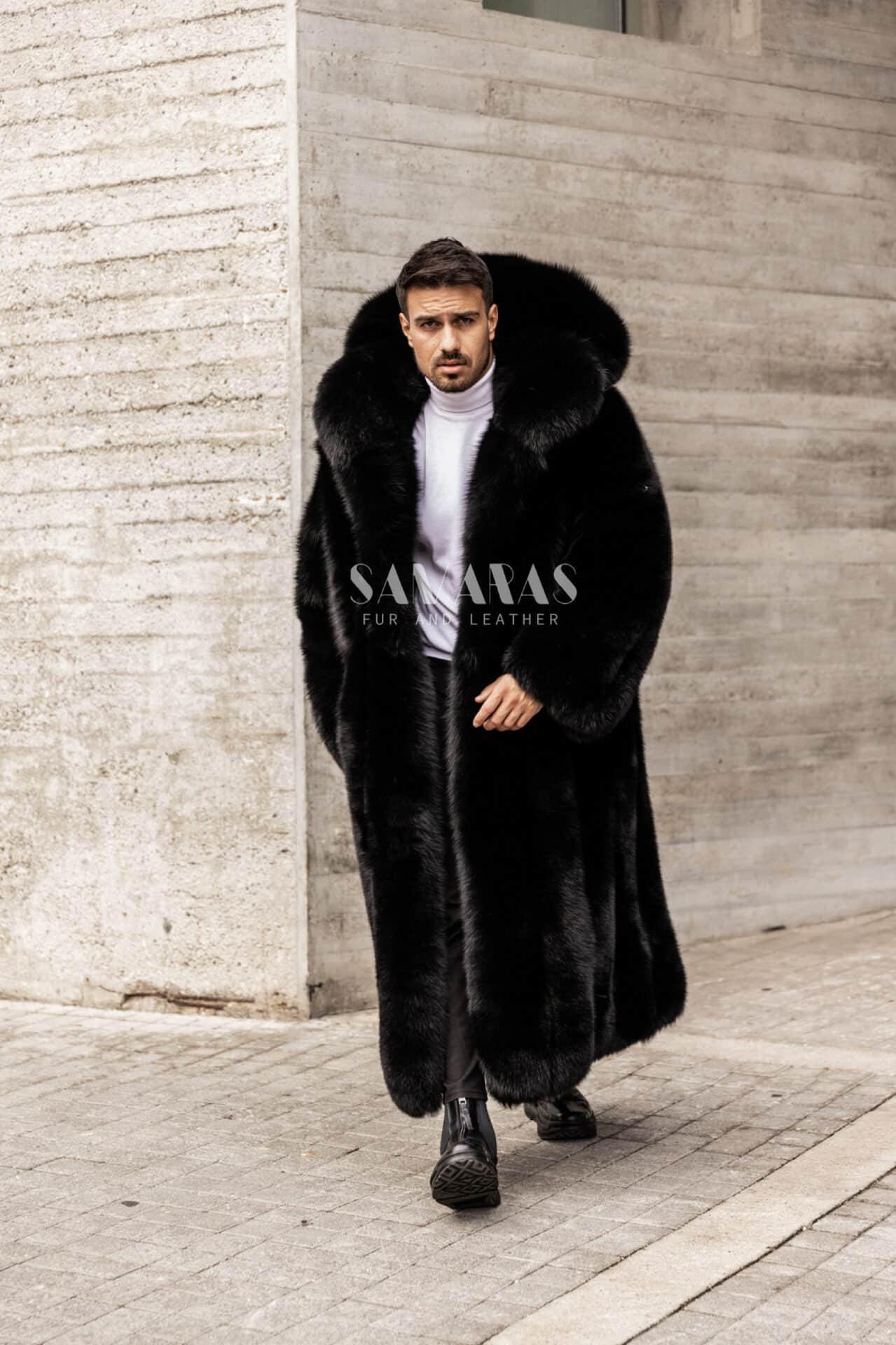 メンズ ブラック フォックスファーコート フルレングス 両面ファー