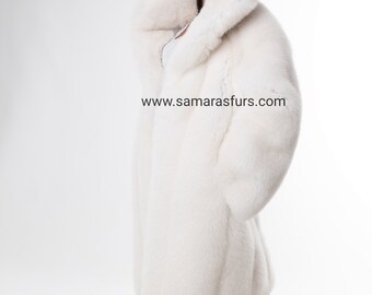 Full Skin WHITE SHADOW FOX Fur Coat With Lavish Double Fur