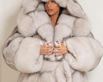 Luxury Double Sided Full Length Blue Fox Coat With Fur Belt Huge