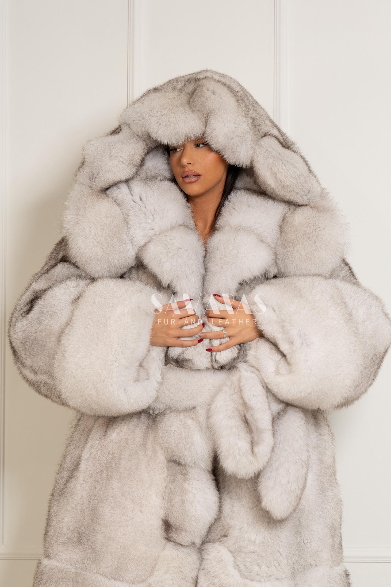 高級両面フルレングスブルーフォックスコート、ファーベルト付き