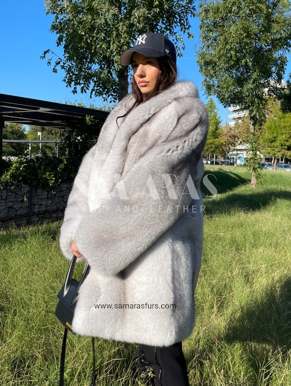 Silver Blue Full Skin Mink Fur Jacket With Hood Real Mink Fur 