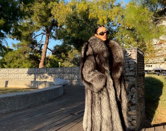 LUXURY SILVER FOX Fur Full Lenght Coat With Whole Skins,fur