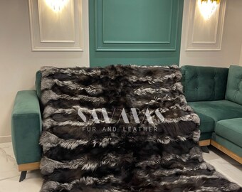 Echte Silberfuchs Pelzdecke, Halbfelle Fuchsdecke, Felldecke, Pelzdecke, passende Kissen erhältlich, perfektes Geschenk, Jubiläumsgeschenk