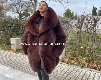 超豪華なブラウンフォックスファージャケット、大きな襟付き