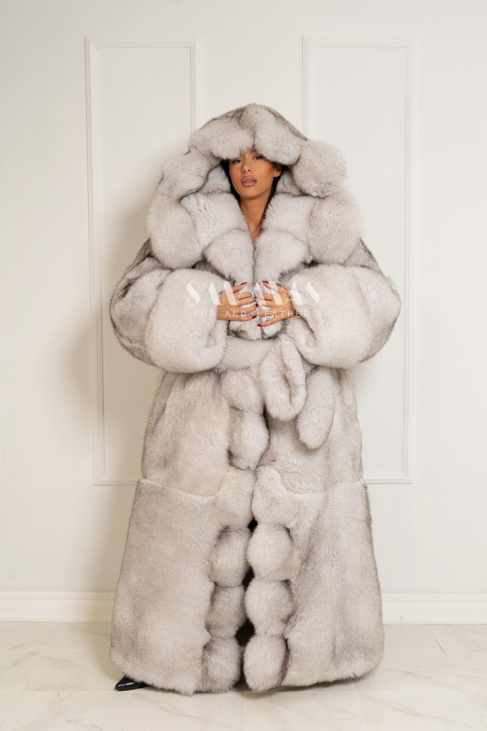 高級両面フルレングスブルーフォックスコート、ファーベルト付き