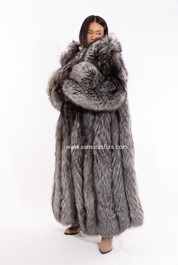LUXURY SILVER FOX set jacket and hat ,fox fur coat with Whole