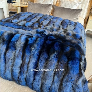 REAL SILVER FOX Jeté de fourrure de couleur bleu teint, doublure de style velours de luxe, couverture de fourrure, décoration de la maison, tapis de fourrure, chauffe-fourrure, oreiller de fourrure, coussin, cadeau