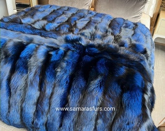 REAL SILVER FOX Dyed blue color fur throw,luxury velvet style lining,fur blanket,home decoration,fur rug,fur warmer,fur pillow,cushion,gift