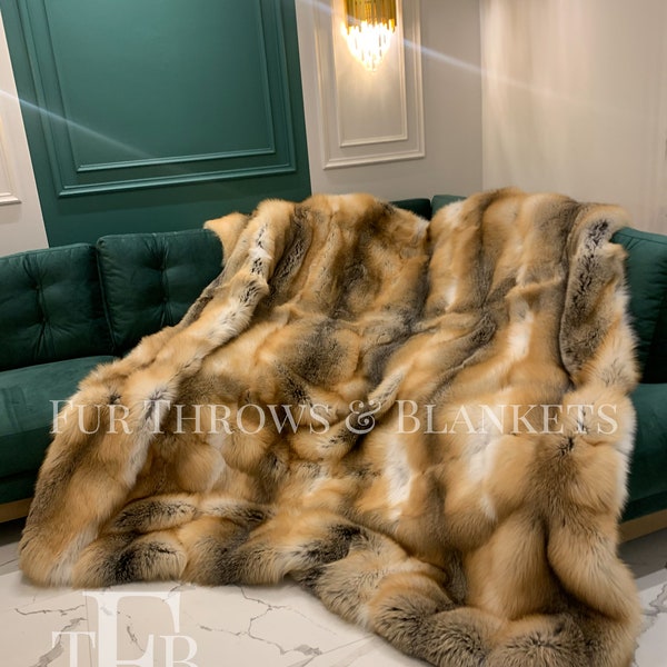 Luxury golden Island full skin REAL FOX FUR throw,fur comforter,fur blanket,various colors, fur rug, fox fur throw,fur warmer present,gift