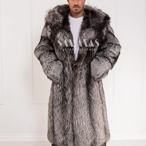 Luxury Men’s Silver Fox Fur Full Length Coat With Lavish Fur Hood, 135 cm long coat,real fur