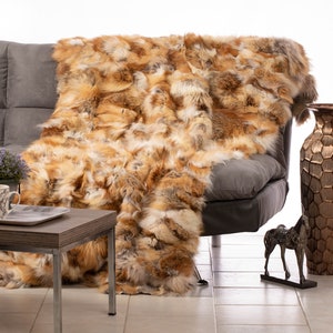COZY REAL RED Canadian fox fur throw,fur comforter,fur blanket, fur rug