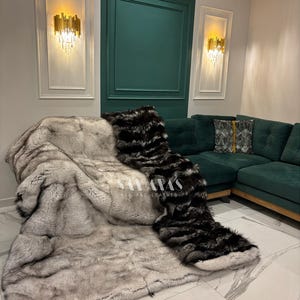 Luxury double sided Scandinavian blue fox and silver fox fur blanket, fur throw, fox fur throw, home decor