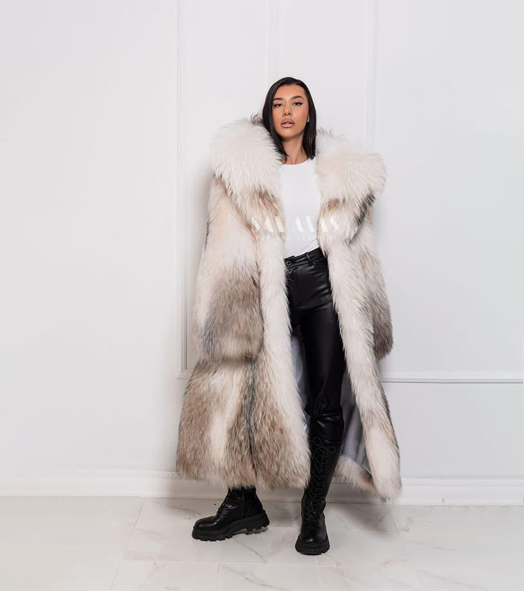 Luxury Rare Artic Cross Marble Finn Raccoon Long Coat, Soft Whole