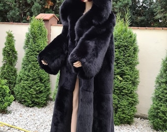 LUXURY BLUE FOX Mantel schwarz, Pelzmantel mit Whole Felle, Pelzjacke, Luxus Pelzmantel, erhältlich in verschiedenen Fuchsfarben, perfektes Geschenk, Geschenk