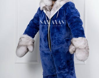 Luxury Double Side Saga Fox Fur Costume Blue Fox & Royal Blue Rex