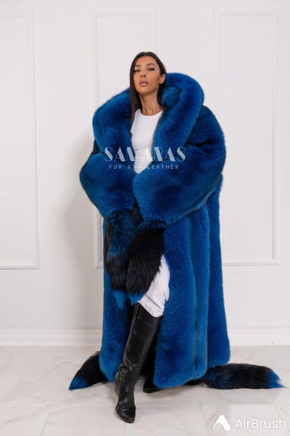 Luxury Scandinavian Oversized Royal Blue Fox Fur Coat Full Length