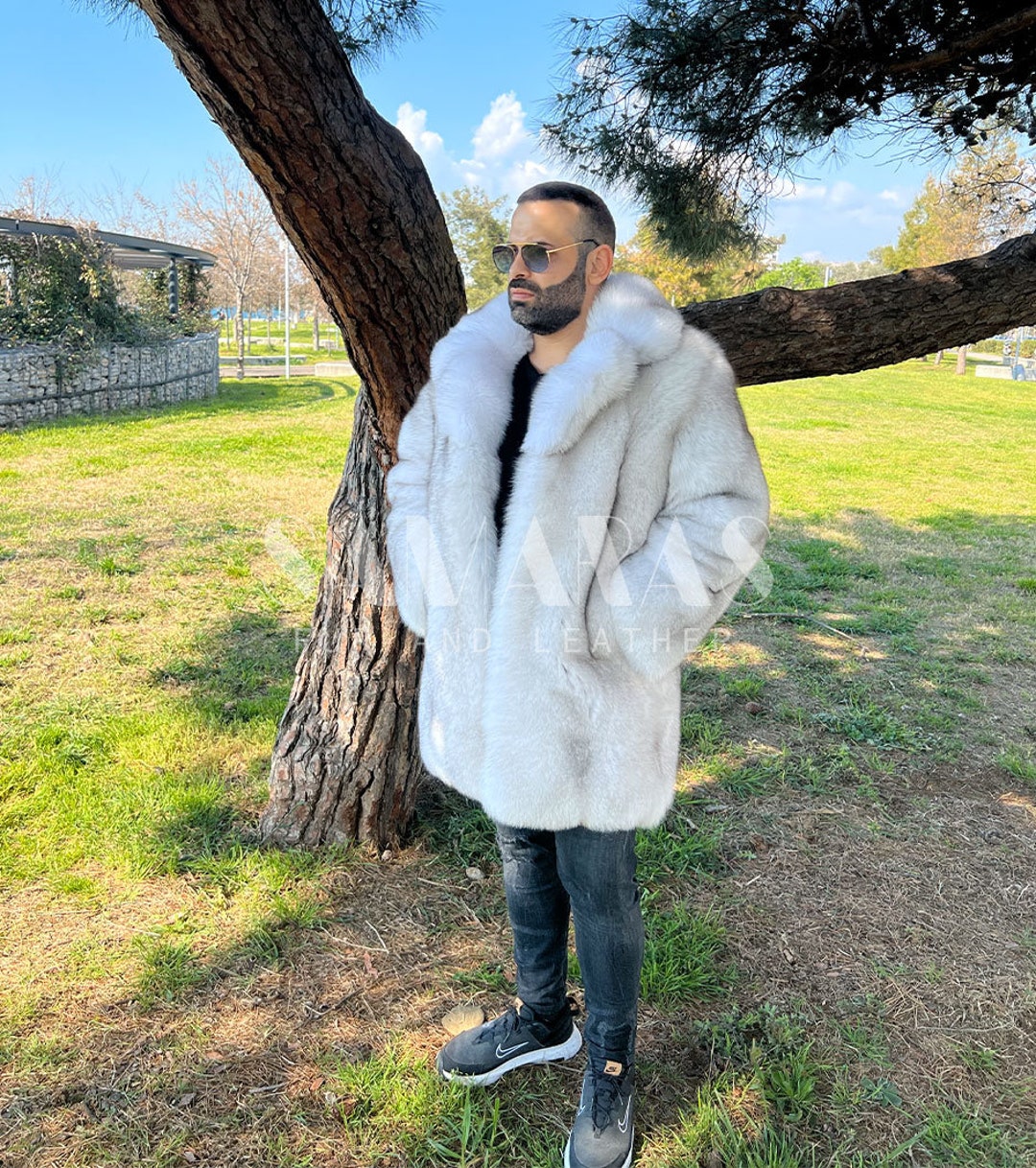 メンズ フルスキン ブルーフォックスファージャケット/コート スタンド