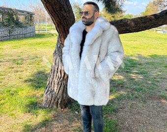 メンズ フルスキン ブルーフォックスファージャケット/コート スタンド